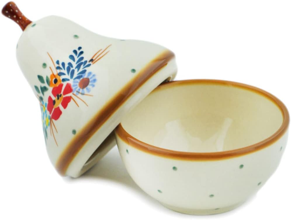 Polmedia Polish Pottery Pear Shaped Jar - Rustic Field Flowers Red Pattern Handmade in Boleslawiec Poland + Certificate of Authenticity
