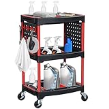 YITAHOME Auto Detailing Cart with Wheels, 3 Tier Rolling Detail Cart with 2 Side Hanging Plate &amp; Hooks, Car Wash Organizer Cart for Detailers Garage, Workshop, Repair Shop, Storage Tool