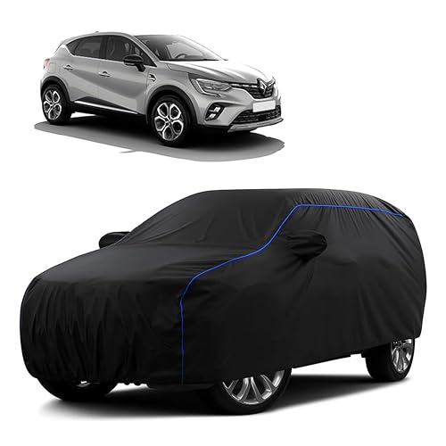 Image of Sulfar 100% Water Resistant Car Body Cover Compatible with Mirror for Renult Captur (Triple Stitched, Full Bottom Elastic, Black Tafetta with Blue Piping)