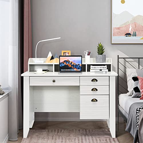 Tangkula White Computer Desk With 4 Storage Drawers & Hutch, Home Office Desk Vintage Desk With Storage Shelves, Wooden Executive Desk Writing Study Desk (White) #TOP4