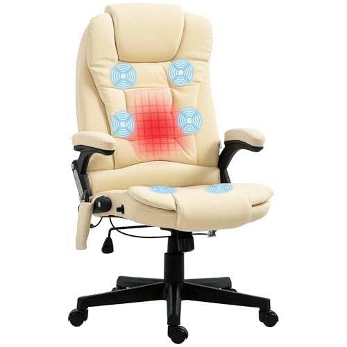 Image of HOMCOM High Back Vibration Massage Office Chair with 6 Vibration Points, Heated Reclining PU Leather Computer Chair with Armrest and Remote, Beige