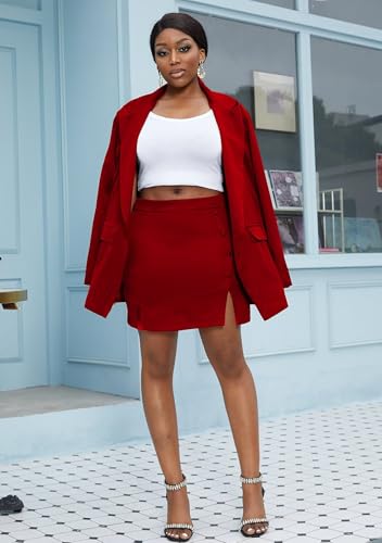 LROSEY Women Skirt Suit Sets 2 Piece Outfits Blazer Jacket High Waisted Mini Skirts Suits for Casual Business Teacher Red
