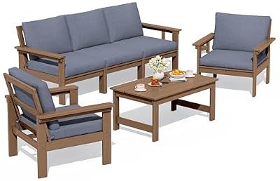 SERWALL HDPE Patio Conversation Set, 6-piece Sectional Outdoor Furniture Set, All Weather Outdoor Couch Set Patio Furniture Set for Deck, Lawn, Grey Frame with Grey Cushion
