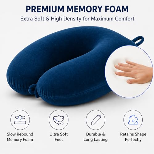Image of Restify Premium Memory Foam Travel Neck Pillow with Eye Mask | Soft Velvet U Shape Neck Support Cushion for Flight, Airplane, Car & Office Travel | Portable Pillow for Men & Women | Navy Blue