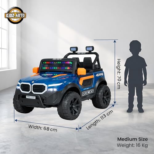 Image of KAB J 777 Rechargeable Battery Operated Jeep for Kids | POBO-2026|Electric Ride-On Toy with LED Lights,Music,RGB Windshield,Steering Function & Dual Control (Blue)