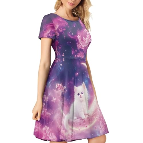 Image of HUGS IDEA Womens Puffy Swing Midi Dress Round Neck Short Sleeve Party A-Line Dresses