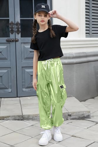 Image of Betusline Girls Clothes 2 Piece Set, Black Cute Short Sleeve Crop Tops + Grass Green Metal Cargo Jogger Pants Clothes,9-10 Years = Tag 150