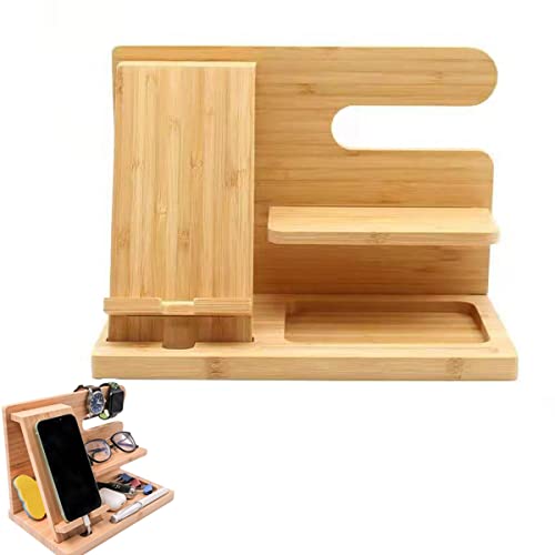LJBOZ Telefon Docking Station Holz, Nachttisch Organizer SchlüSselanhäNger UhrenstäNder, Holz Dockingstation Handy, Multifunktional Organisator MäNner, Idee Geschenk, Natural Farbe(Color:Beige) Cover