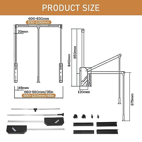 Pull Down Closet Rod, 60 lbs Load Capacity, Stainless Steel Adjustable 35-46.5 inches Soft-Close Wardrobe Lift Rail Organizer for Hanging Clothes, Two-way Buffering Side & Back Mounted Closet Rod by XIIW - Image 3