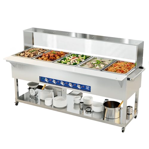 TOPKITCH Electric steam Table with Independent Temperature Control and dust Cover,5 Independent 19.5L Pans, Rolling Stand with Adjustable Shelves for Restaurant, Catering, Party