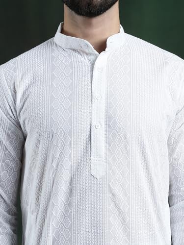 Image of SOJANYA (Since 1958 Men's Pure Cotton Checked Embroidered Long Kurta | Traditional for Diwali Celebrations