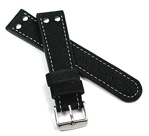 Bracelet en cuir 24 mm WB style aviateur et militaire noir extra résistant