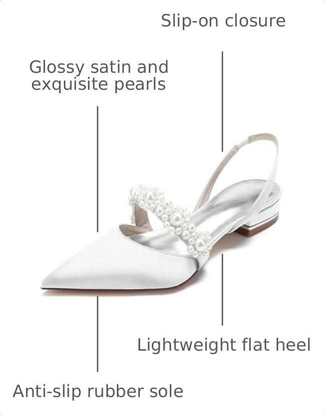 Image of Satin Pearls Wedding Shoes for Bride Flat Pointed Toe Women Slingback Flats