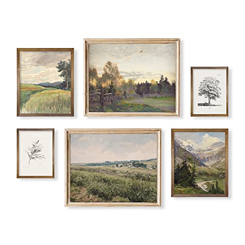 Rustic French Country Large 11X14 Gallery Of 6 Wall Art Decor - Boho Art Deco Victoria Picture Bathroom - Modern Farmhouse Kitchen Poster Print, Aesthetic Vintage Landscape Mountain Tree Sketch Spring #TOP22