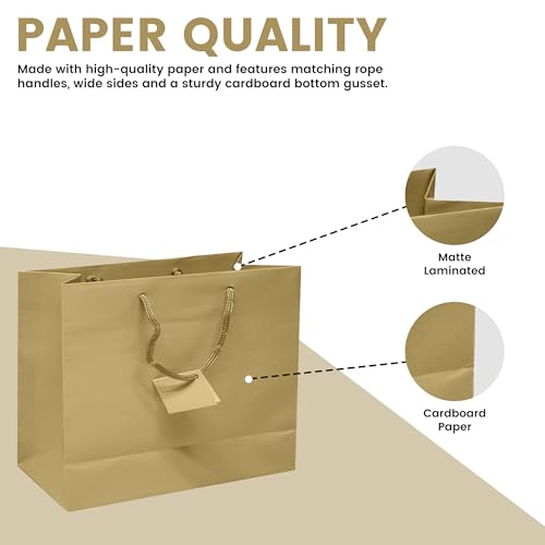 Novel Box Gold Gift Bags with Handles 10 Pack 9.25x3.75x7.25 Inches Wide Paper Bulk Gift Bags for Business, Shopping, Birthday, Party Favor - Euro Tote Paper Bag for Groceries & Personal Use