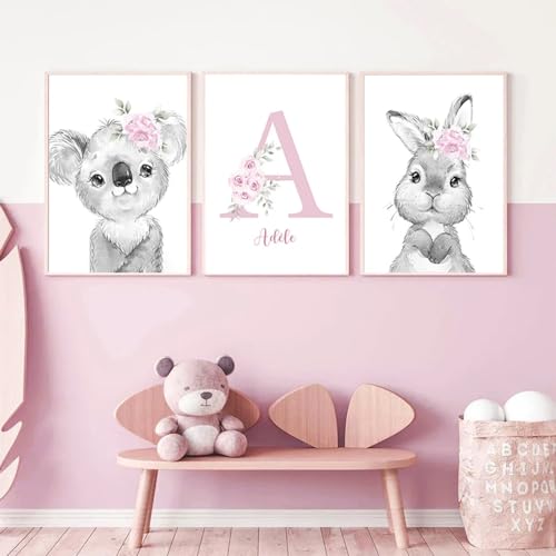3 Affiches Prenom Personnalisé Bebe 30x40cm Tableau Animaux Enfant Poster Koala Lapin Chambre Rose...