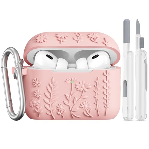 AIRSPO Airpod Pro 2nd Generation Case, 3D Floral Embossed Soft Silicone Protective Cover with Cleaner Kit for Apple Airpods Pro 2nd 1st Gen Case with Keychain (Light Pink, Airpods Pro 2/Pro 1) by AIRSPO - Used condition - US$7.94
