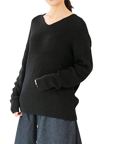 [アスペルシオ] ハイゲージ Vネック セーター レディース リブニット リブ リブ編み リブ袖 長袖 ロングスリーブ 長そで ナガソデ 袖あり ソデアリ ニット セータ ニットセーター vネック ユッタリ フェミニン ざっくり アッタカ アタタカイ アッタカイ カワイイ トップス キレイメ シルエット 体型カバー プルオーバー プルオーバ black kuro くろいろ くろ (M-L) 黒色