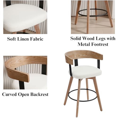 LukeAlon Butacos Giratorios de Altura para Isla de Cocina, 26", Tapizados en Lino Blanco, Estilo Mid Century con Espalda Curva de Madera y Patas de Madera, Juego de 4 miniatura 3
