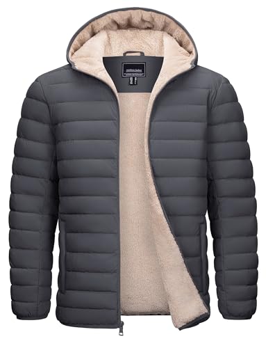 Cotrasen Winter Puffer Jackets for Men Zip Up Hoodie Coat Water-Resistant Warm Sherpa Fleece Lined Puffy Jackets Dark Grey 2XL