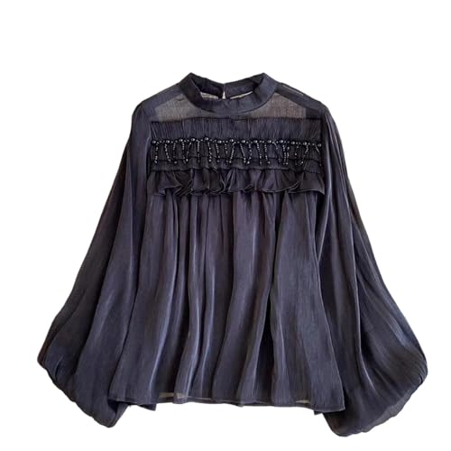 Women Spring Ruffled Lantern Sleeve Blouse Fashionable Nail Bead Pullover