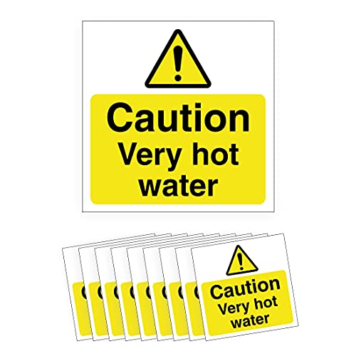 Image of Pack of 10 Caution very hot water - health and safety signs - 100mm x 100mm self adhesive vinyl label stickers