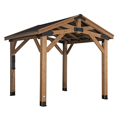 Backyard Discovery Norwood 10' x 10' Cedar Wood Outdoor Gazebo Pavilion with Hardtop Galvanized Steel Peak Roof, Snow Support, Wind Resistance, PowerPort, Shade for Garden, Patio, Deck, Entertaining - image 1