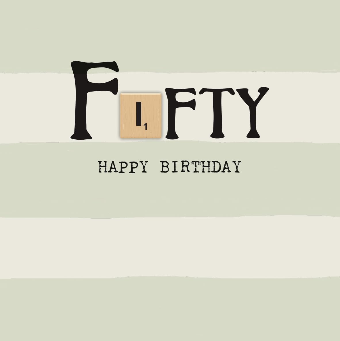 Bexy Boo 50th Birthday Card with Wooden Scrabble Tile, Green Stripe Design, Milestone Greeting Card for Him or Her, Standard Size