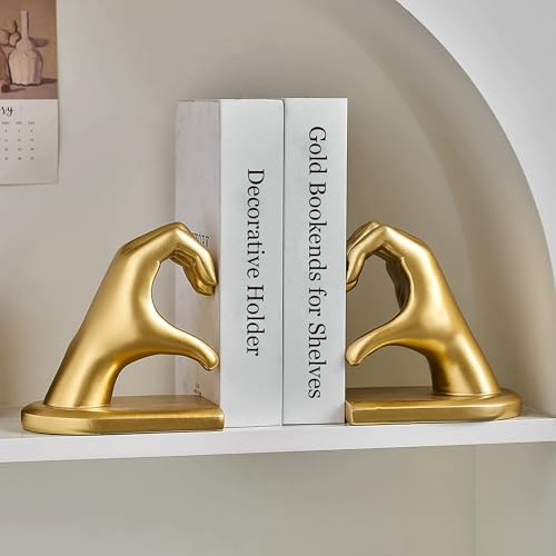 Steviieden Decorative Bookends for Shelves, Heart Hands Book Ends Sculpture Book Shelf Decor for Home Office Bedroom Living Room (Gold)
