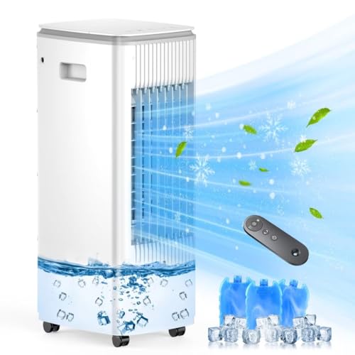 Portable Air Conditioner Evaporative Cooler Ac Unit,BEBEGINE Swamp Cooling Fan Without Hose,3-IN-1 Windowless Ventless Humidifier for Room Offices,Remote,3 Speed,Water Tank,3 Ice Pack Large