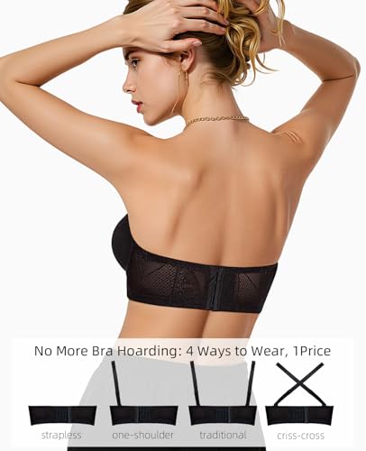 Upushall Push Up Strapless Bra Longline Bras for Women Padded Lace Underwire Bra with Convertible Straps Black