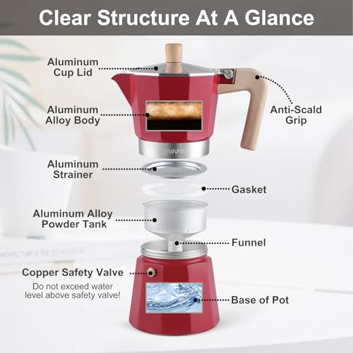 Sivaphe Moka Pot 3 Espresso Cups Aluminum, Percolator Espresso and Coffee Maker, Portable Stovetop Italian and Cuban Cafe Brewer for Home and Camping Red by Sivaphe - Image 3