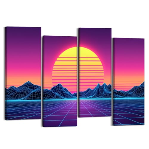 Canvas Wall Art Prints Pictures Retro Synthwave Sunset Neon Grid Landscape Wireframe Mountains Framed Posters Modern Wall Painting Artwork Gift Home Decor for Living Room Ready to Hang 4 Panel