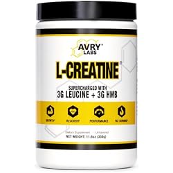 Avry Labs L-CREATINE Supplement: Creatine Monohydrate w/Leucine Amino Acid and HMB – Supports Muscle Mass, Strength, Recovery & Performance + Reduce Fat – Vegan, 11oz (330g) Powder