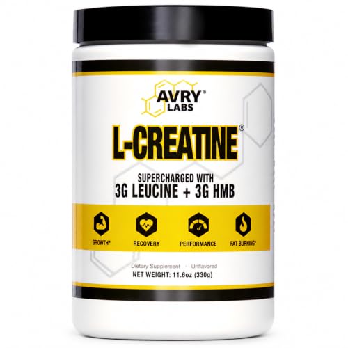 Avry Labs L-CREATINE Supplement: Creatine Monohydrate w/Leucine Amino Acid and HMB – Supports Muscle Mass, Strength, Recovery & Performance + Reduce Fat – Vegan, 11oz (330g) Powder