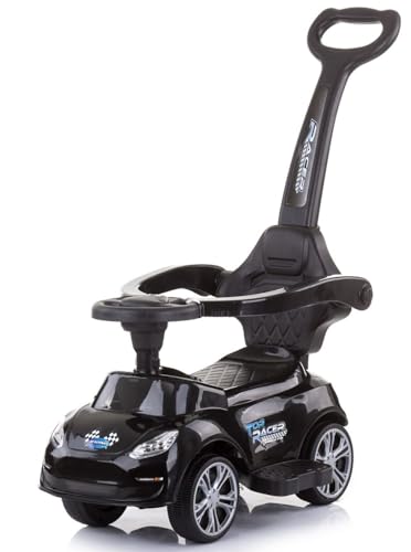 Chipolino Kinder Rutschauto 2 in 1 Turbo Schubstange Musikfunktion Rückenlehne, Farbe:schwarz