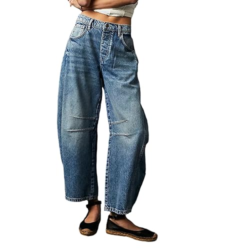 Qianderer Women's Y2k Baggy Jeans Wide Leg Mid Waist Denim Pants Boyfriend Cropped Barrel Jeans with Pockets (Dark Blue, M)