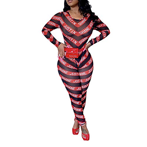 JiherBeauty Womens Sexy 2 Piece Outfits - Letter Print Long Sleeve Mesh See Through Bodycon Jumpsuits Party Clubwear Red
