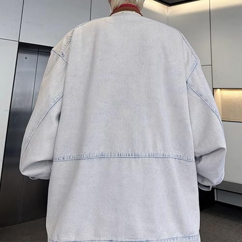 Mens Baggy Easy-Matching Jean Streetwear Top Retro Distressed Wash Denim Coat Full Zip Stretch Jean Jacket3