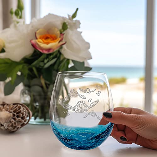 Gifts For Turtle Lover Men Women, Sea Turtles Family Handmade Engraved Crackle Turquoise Beach Wine Glass 18 Oz #TOP1