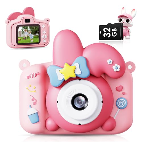 Macchina Fotografica Bambini, 3-12 Anni, Ragazze, Regalo di Natale, Videocamera Digitale per Selfie 1080P HD, Fotocamera Portatile da 2,0 Pollici Coniglietto con Scheda (Argento Rosato) (Rosso)
