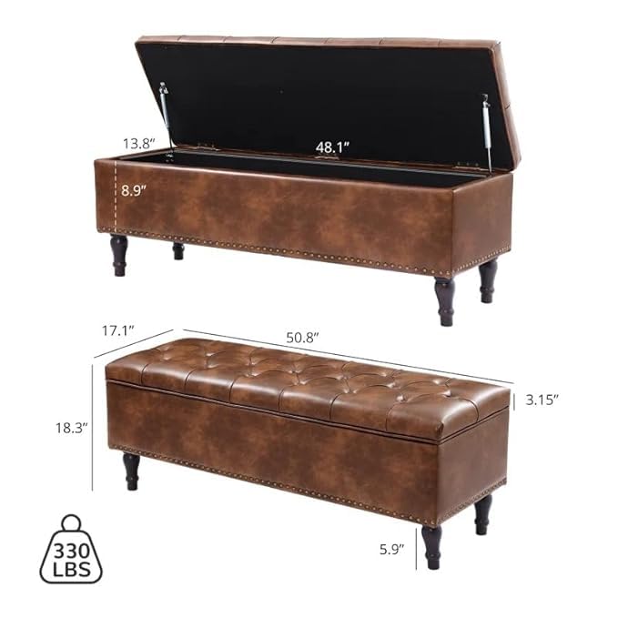 Image of LEGACY OF COMFORT Arlecia Upholstered Ottoman Bench with Storage for Living Room, Storage Chest for Sofa Couch Bedroom Entryway (Brown Leatherette)