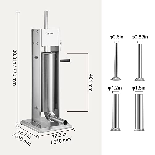 VEVOR Manual 15LBS/7L Capacity, Two Speed 304 Stainless Steel Vertical Stuffer, Sausage Filling Machine with 4 Stuffing Tubes, Suction Base for Household or Commercial Use, 7 L, Silver by VEVOR - Image 5