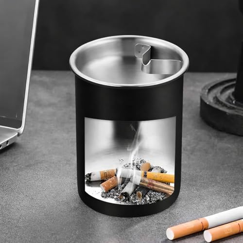 Image of NYRWANA Stainless Steel Windproof Ashtray with Lid | Rustproof, Easy-to-Clean Ash Holder for Smokers | Elegant Indoor Outdoor Ash Tray for Patio, Home, Office, Bar & Garden Use (Black)