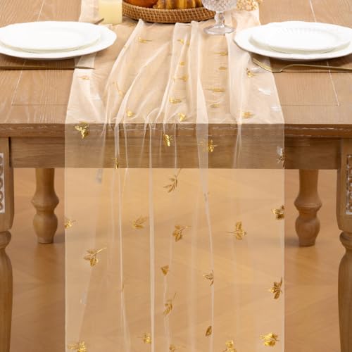 Image of Fall Maple Leaf Table Runner Beige Sheer Gauze Foil Table Runner, 6PC