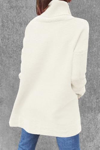 Image of Women's Turtleneck Oversized Sweaters Long Sleeve Split Hem Striped Knit Pullover Tops