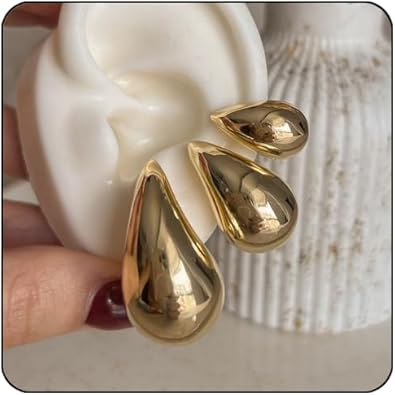 Small Teardrop Gold Chunky Earrings for Women,Thick Gold Plated Hoop Hypoallergenic Water Drop Earring Dupes for Women 18MM