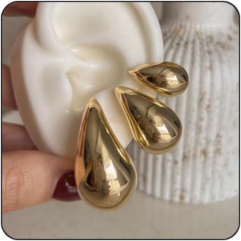 Small Teardrop Gold Chunky Earrings for Women,Thick Gold Plated Hoop Hypoallergenic Water Drop Earring Dupes for Women 18MM