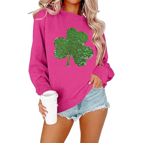 FAYALEQ St Patrick's Day Sweatshirt Women Shamrock Sequin Pullover Lucky Clover Hoodie Holiday Long Sleeve Tops Cover
