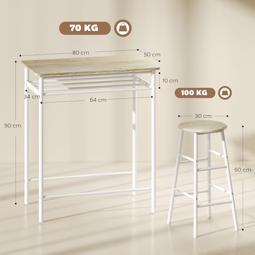 Miniatura 7 de Homcom Juego De Mueble De Bar Set De Mesa Alta Y 2 Taburetes Con Estante De Almacenamiento Y Marco De Metal Para Cocina Comedor 80x50x90 Cm Blanco